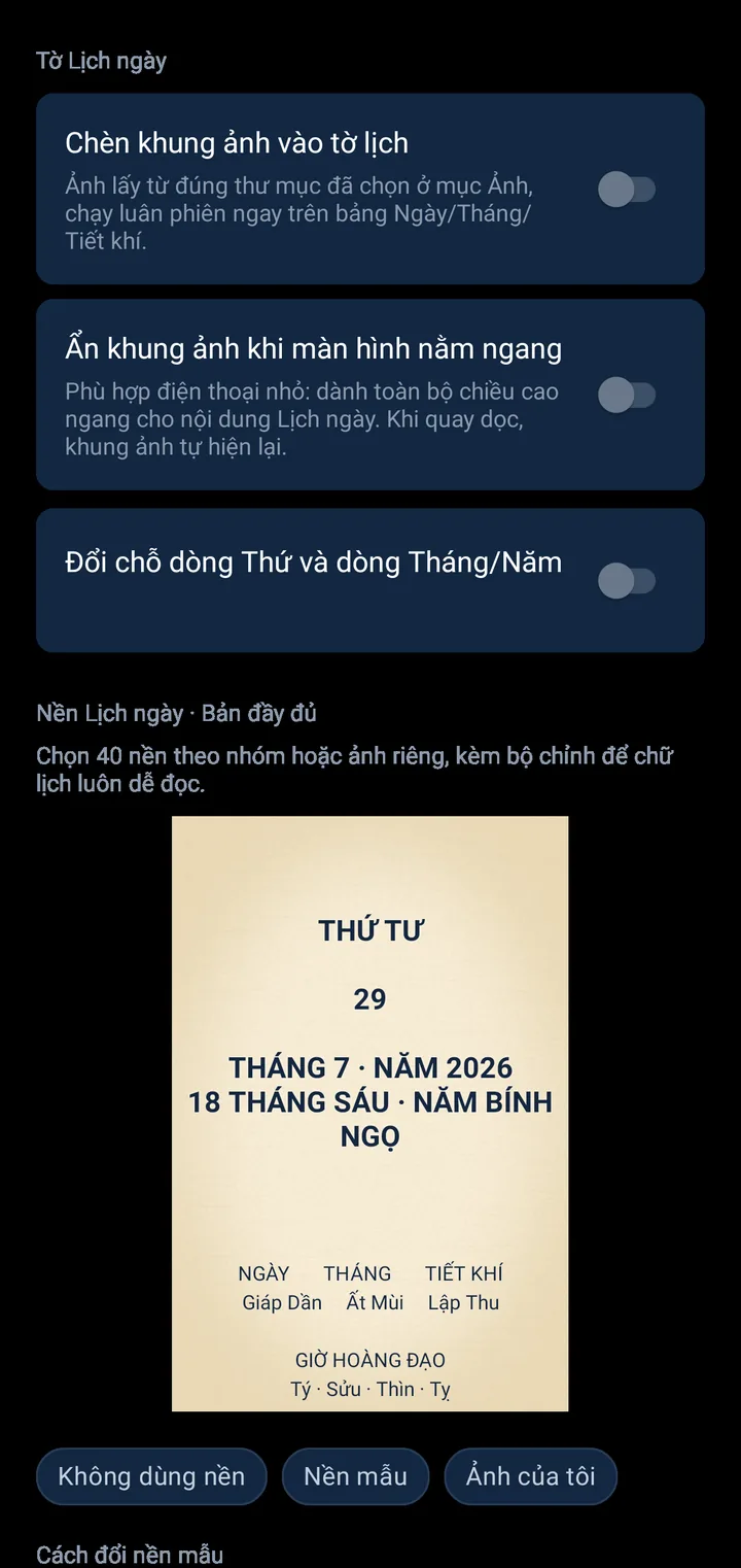 Tùy chỉnh nền Lịch Ngày trong Quản trị