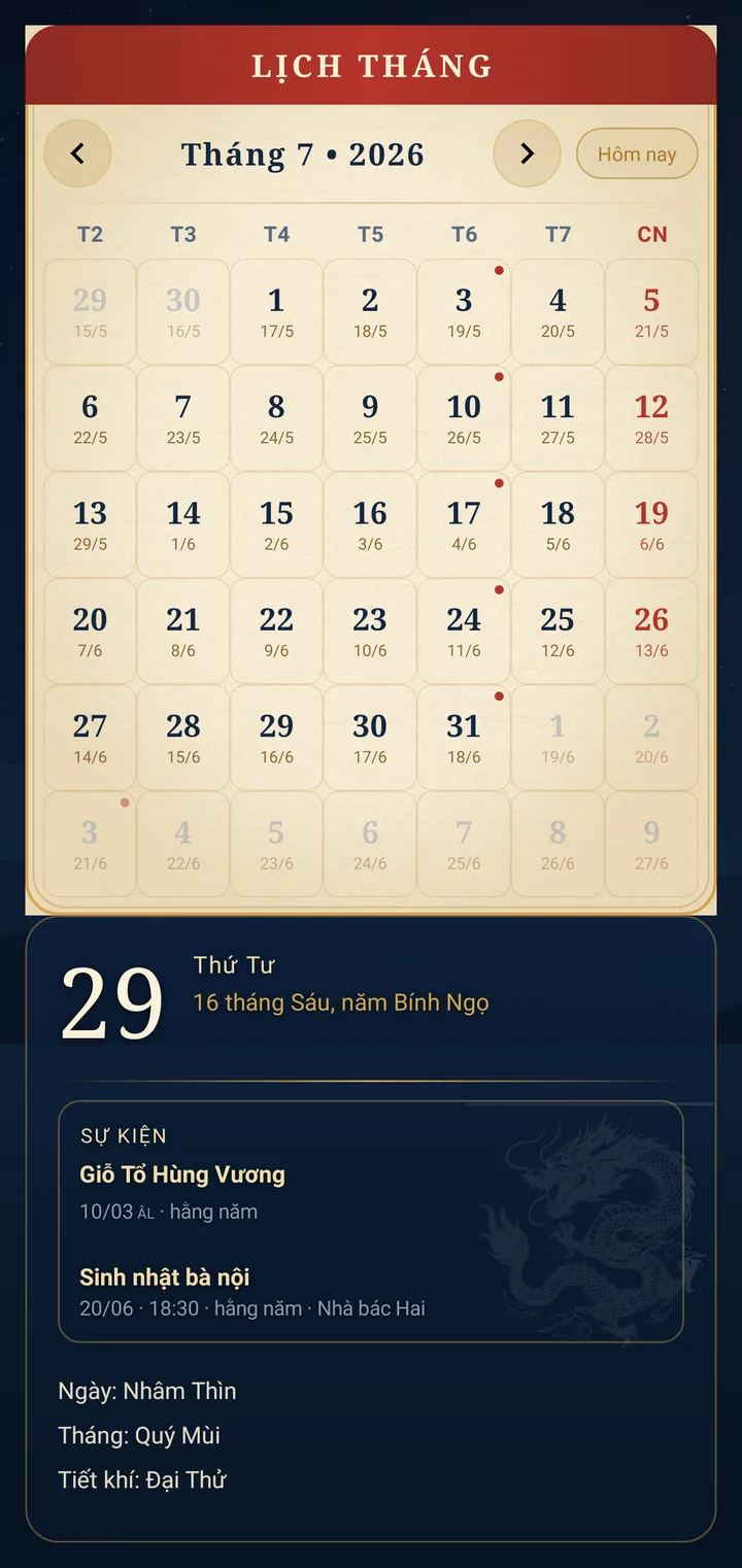 Màn hình Lịch Tháng
